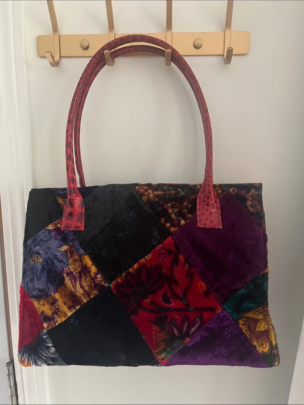 Julie Feldman Patchwork Velvet Tote with Crocodile Red Handles